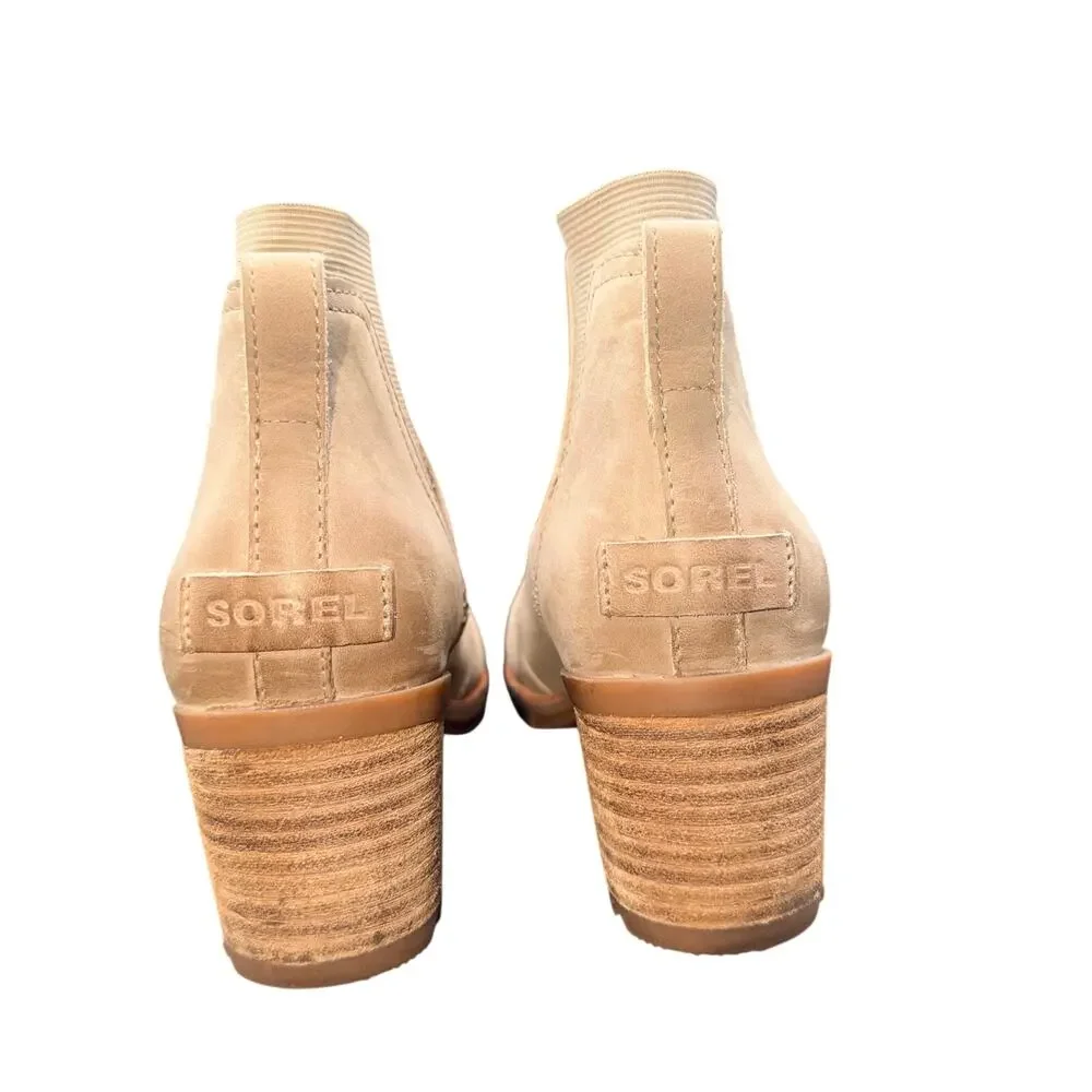 Sorel Cate Chelsea Boots Women’s 10 Beige Leather Waterproof Block Heel